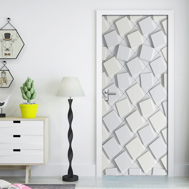 PVC Waterproof Self-adhesive Door Sticker 3D Abstract Geometric Graphic Gray Wallpaper Living Room Door Decor Wall Sticker Decal