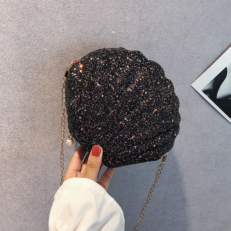 Sequin Shell Tas Vrouwen Crossbody Bag Keten Mini Schoudertas Cirkel Seashell Bling Handtas Meisjes Glitter Portemonnees En Handtassen