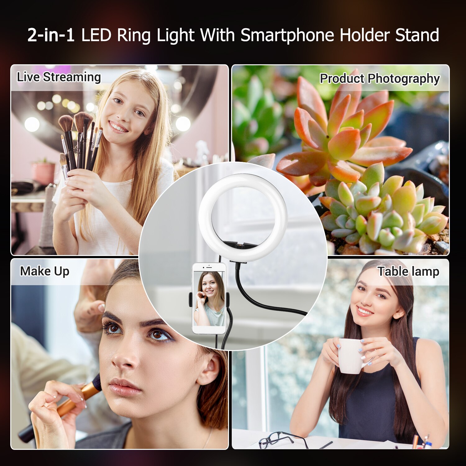 Andoer 8 Inch di trasporto A Due in Un Anello di Luce A LED con Tubo di Metallo Supporto e Supporto Del Telefono LED Fill-in illuminazione USB di Controllo di Linea Lampada