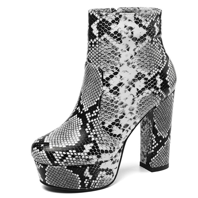 Fedonas dierenprint microvezel leren dames enkellaarsjes met rits superhoge hakken platform feestschoenen dames korte laarzen: Wit / 3