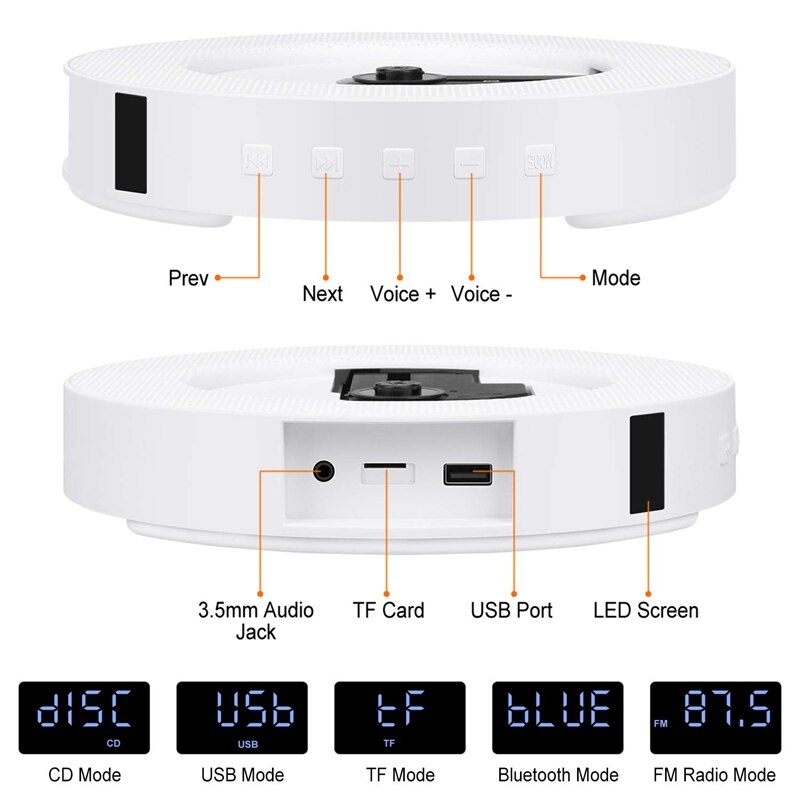 Draagbare Cd Speler Met Bluetooth, wandmontage Cd Speler Met Afstandsbediening Voor Home Ingebouwde Hifi Luidsprekers Met Hoofdtelefoon J