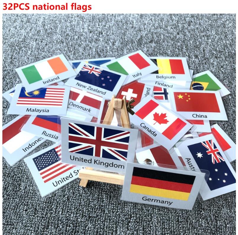 Kids Montessori Baby Learn English Word Card Flashcards Cognitive Educational Toys Picture Memorise Games For Children: 32pcs national flag