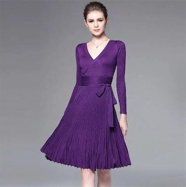 Women v neck pleated wrap a-line knitted dress bow tie sashes long sleeve female Autumn Spring mid calf vestidos B: Purple