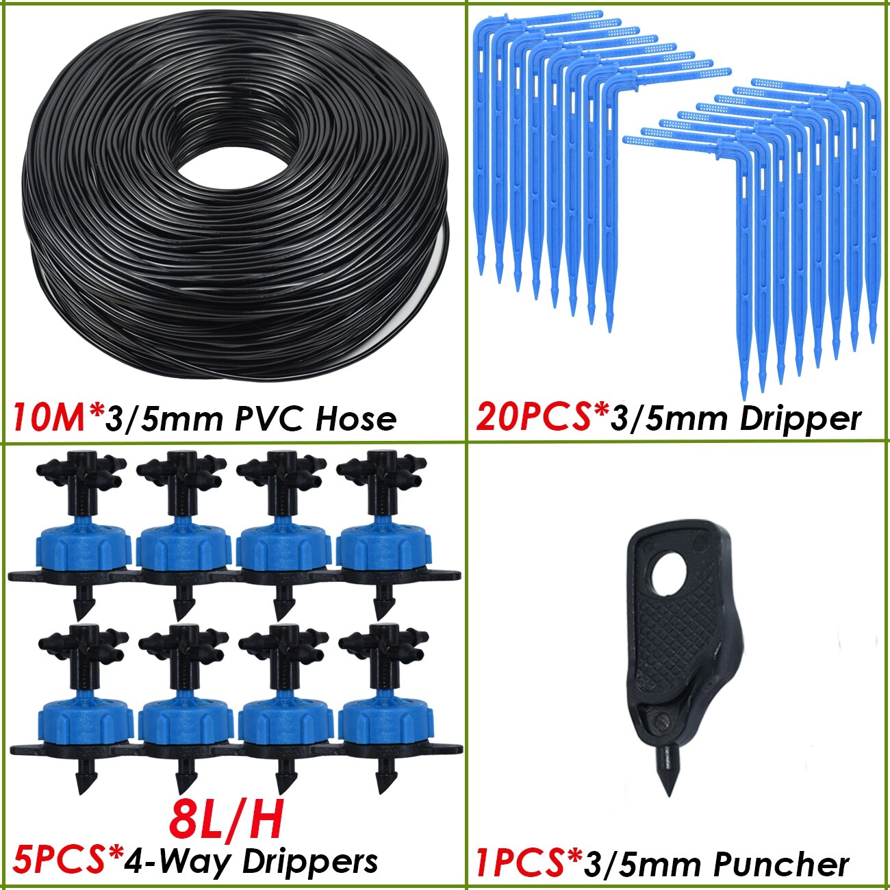 Kesla dryppvanning 4- -veis 3/5mm drypppil 2-- veis sender vanningssystem blomsterhage plen drivhus 10/20 sett: Blå