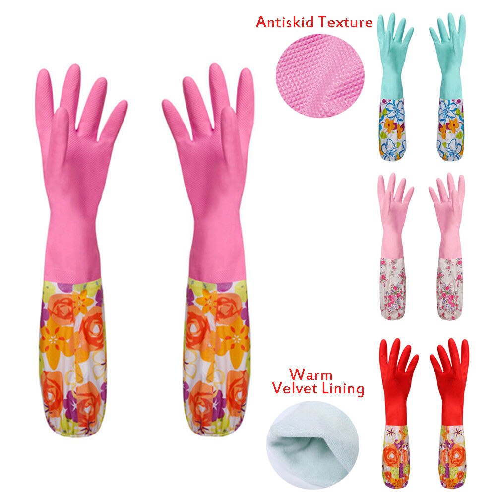 Blomst gummi fløjl lange handsker husholdningshandsker antiskid husholdning opvask rengøringshandsker