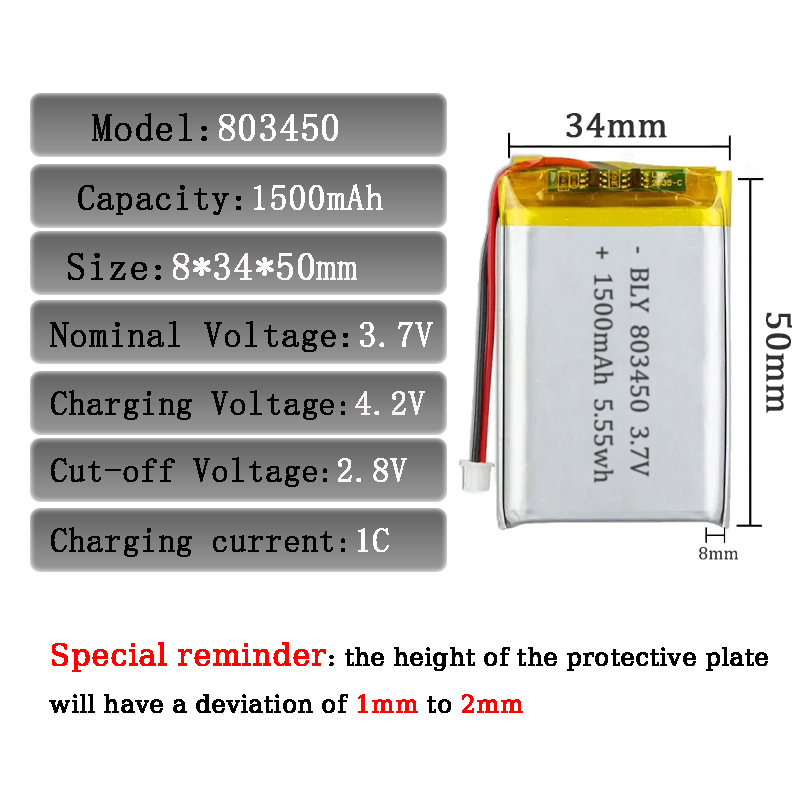 3.7V 1500mAh 803450 Batería de iones de litio de la batería de litio del polímero para la capacidad real del banco de energía GPS 100%