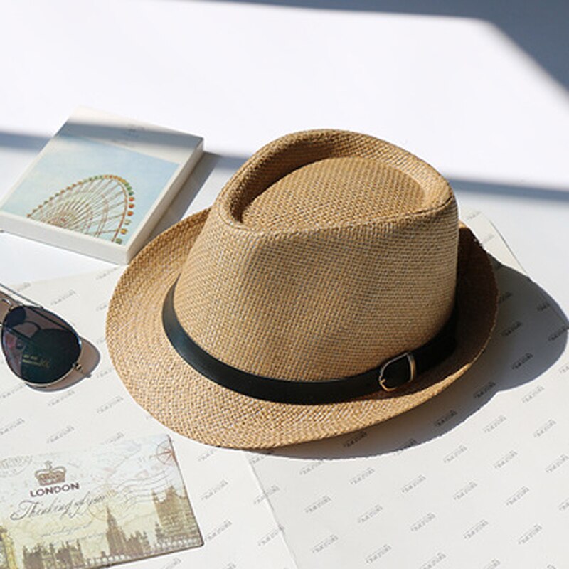 Summer Men Women Children Paper Straw Hat Trilby Gangster Cap Beach Sun Hats Straw Parent-child Jazz Hats Travel Fedoras GH-625: khaki buckle / 54cm