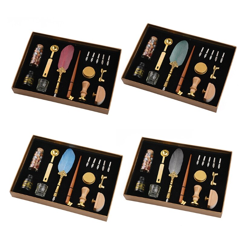 Retro Kalligrafie Quill Veer Dip Pen Met Penpunten Lakzegel Stempel Houder Geschenkdoos 103E