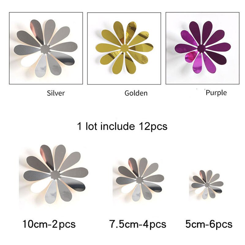 12 pcs/set 3D Mirror Flower Wall Stickers Gold Silver Purple Party Wedding Decor for Home Decorations Sticker on the wall