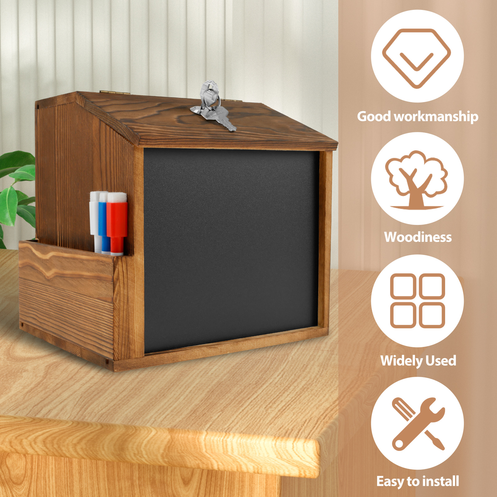 Houten suggestiedoos Wandgemonteerde stembus Vintage donatiedoos met gleuf, slot, schoolbord Multifunctioneel voor kerkbruiloft