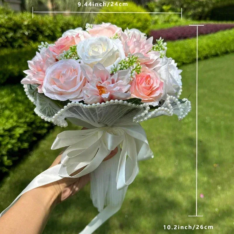 1pc buquês de casamento rosa para noiva, buquês brancos para noiva dama de honra decoração do dia dos namorados pérola renda malha rosa flor