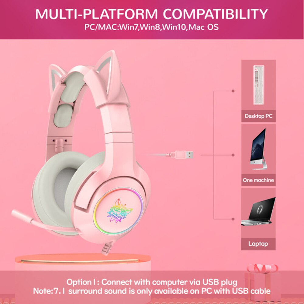 ONIKUMA K9 Pink Gaming Headset For Girls PC Stereo Gaming Headphones with Mic & LED Light For Laptop/ PS4/Xbox One Controller