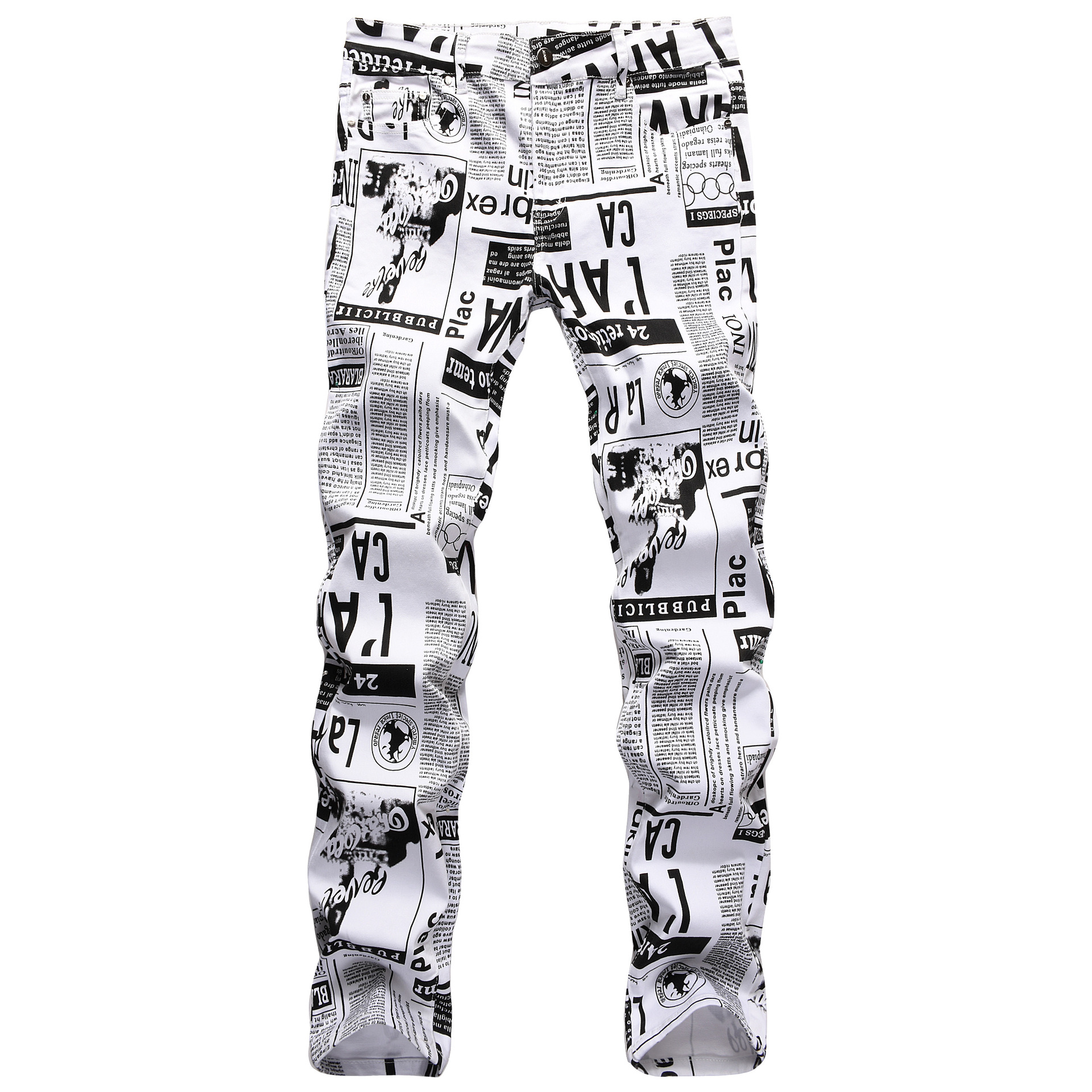 Men’s Street Prints Jeans,Slim-fit Stretch Denim Pants,Newspaper Painting Party Jeans,Cool Casual Jeans;