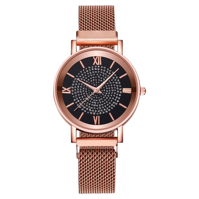 Relojes de de lujo para mujer, elegantes relojes de pulsera de oro para mujer, reloj de pulsera de cuarzo con hebilla magnética de malla inoxidable: black