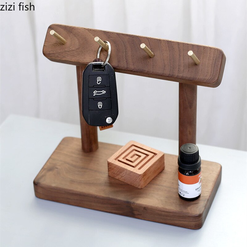 Solid Wood Brass Key Hook Storage Bracket Beech Black Walnut Desktop Seat Hook Jewelry Four Hooks Decorative Shelf Key Organizer
