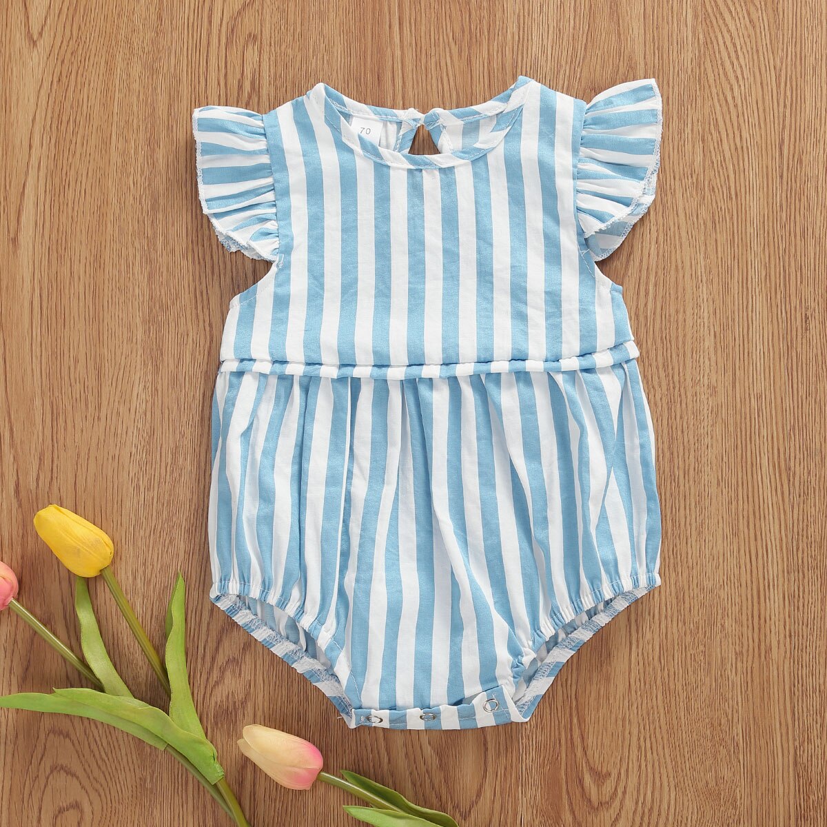 Een Stuk Rompertjes Kinderen Baby Meisjes Jongens Gestreepte Print Outfits 0-18M Ruches Korte Mouwen Mooie Jumpsuits 2 kleuren