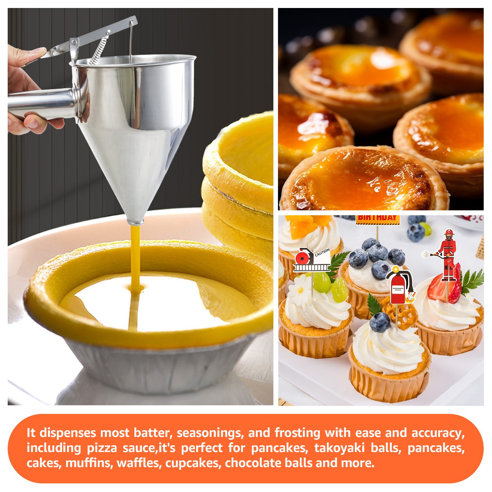 Batter Dispenser Stainless Steel Funnel Dispenser with Lid and Holder Cupcake Pancake Batter Maker Kitchen Batter Baking Tool