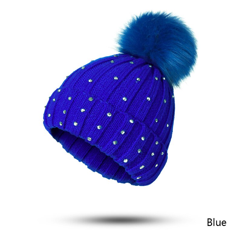 GROUPJUMP-Gorro con pompón de punto para niño, gorros, gorros para niña, gorros con diamantes de imitación, gorro para niño: blue