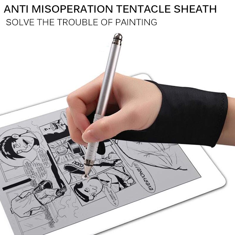 Sort 2- finger anti-fouling handske, højre og venstre hånd kunstner tegning til enhver grafisk tegning tablet tegning håndbeskytter