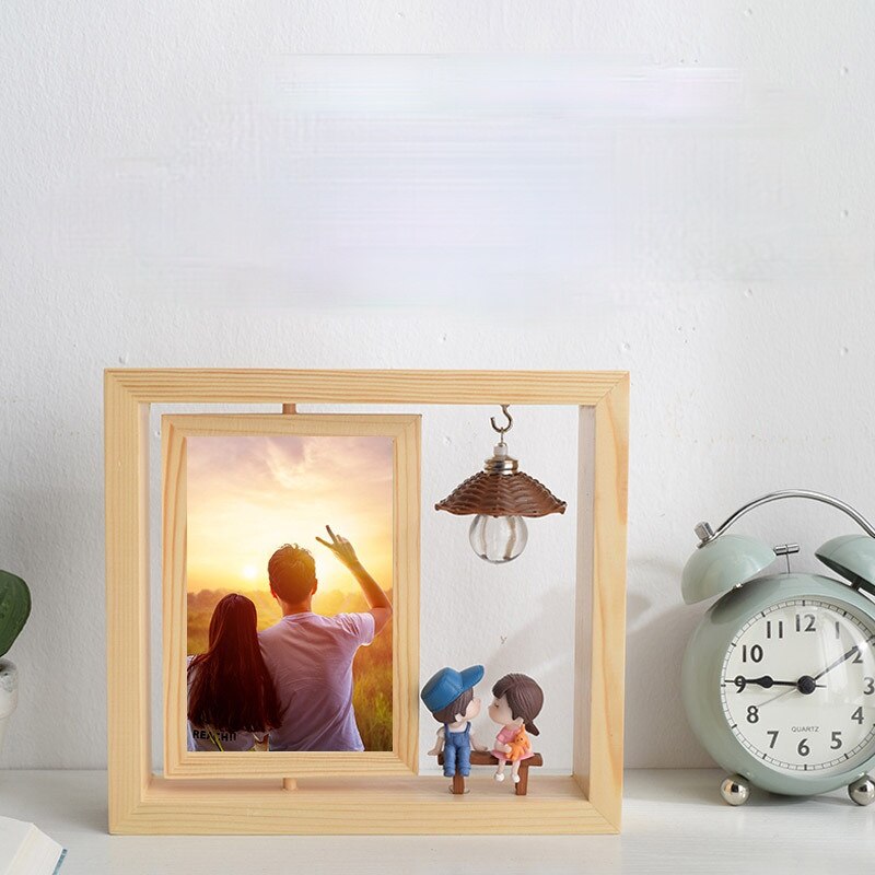 Wooden Rotating Photo Frame 6-Inch Pine Photo Frame Table Setting Double-Sided Rotating Couple Photo Frame Decoration