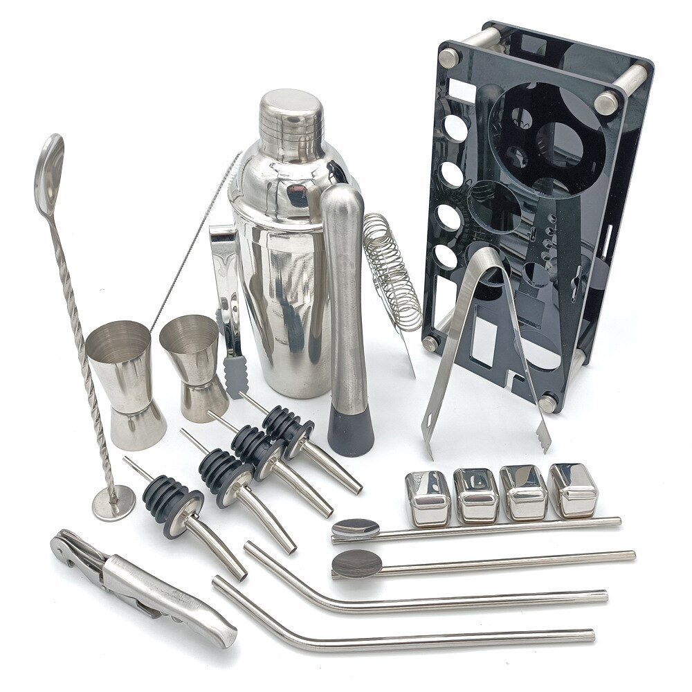 Bar shaker kit cocktail shaker 23-piece set with 304 stainless steel ice pellets, measuring cup, hippocampus, straw, wine spout