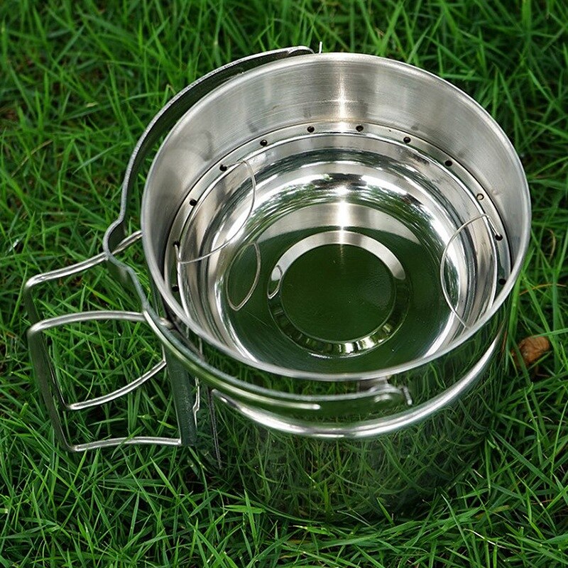 Outdoor Stainless Steel Portable Pot Camping Set Steamer Kettle Pot for Picnic Barbecue Mountaineering Foldable Handle