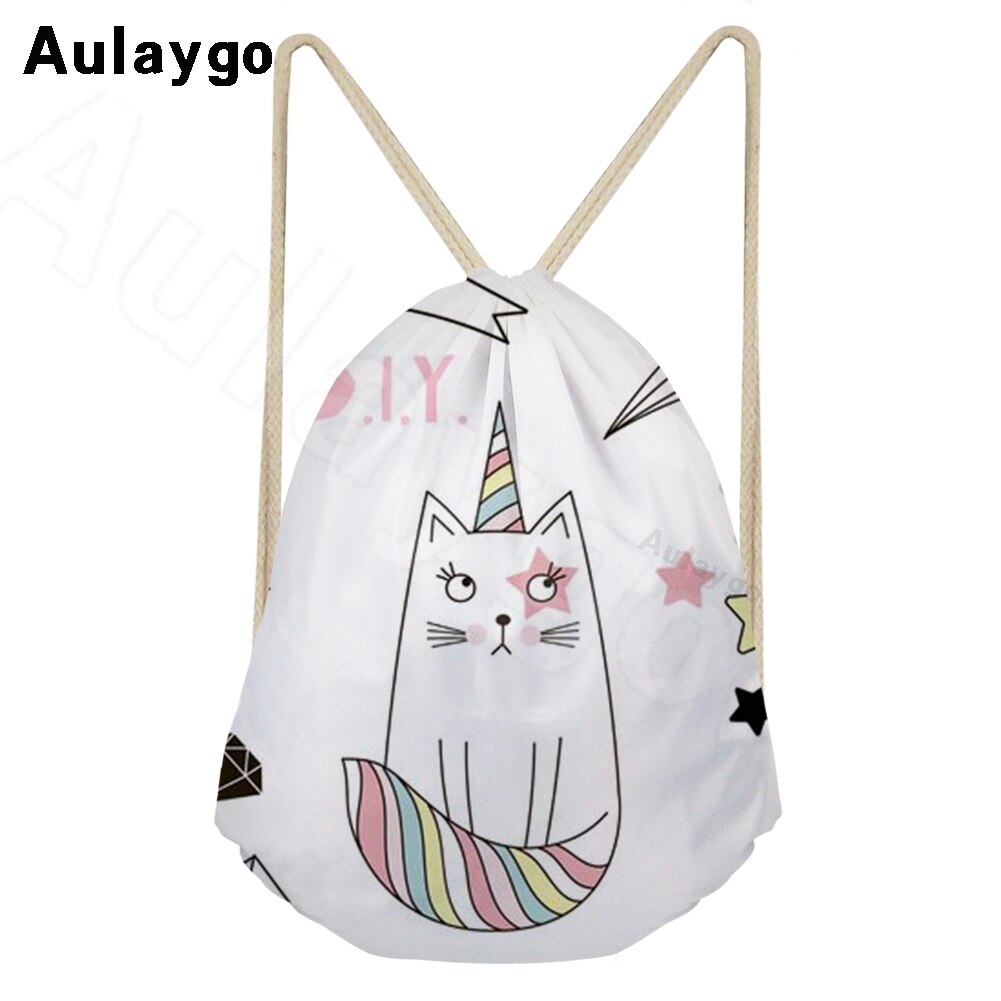 Aulaygo 3d unisex eenvoudige duurzame zwarte rugzak schattige witte kattenprint schoudertas kinderreisschoenen touwtassen rugzakken