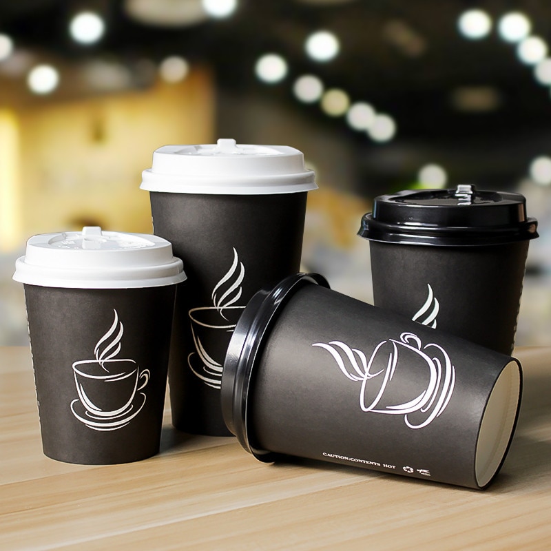50pcs Black milk tea thick paper cup disposable coffee cup drink takeaway package cups party favor beverage cup with lids