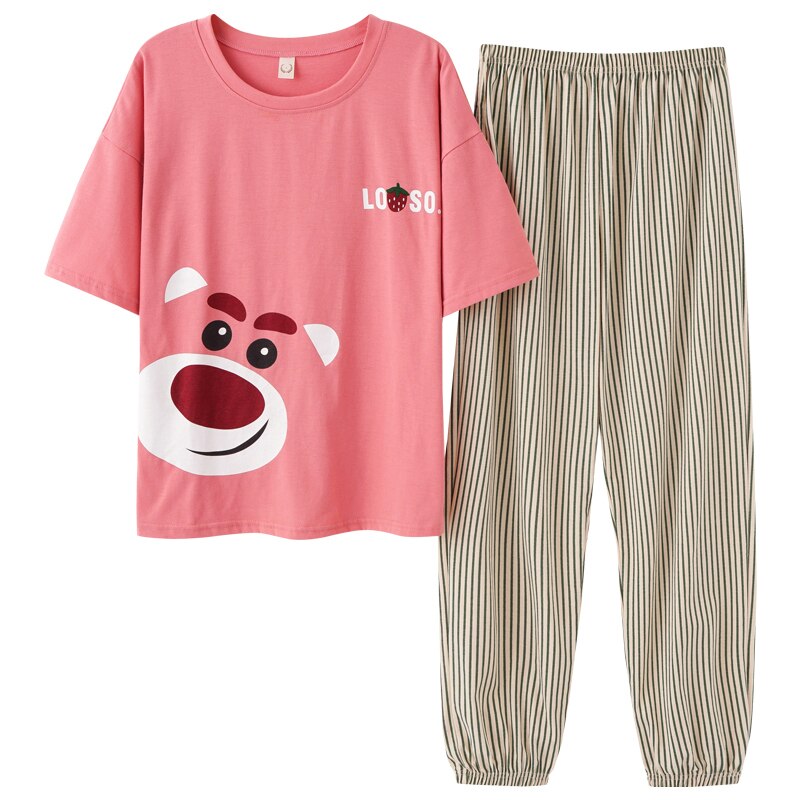 BZEL Pink Clothes For Women Cartoon The Bear Print Short Sleeve Long Pants 2Pcs Home Cotton Clothes Night Home Set Necking: XXL