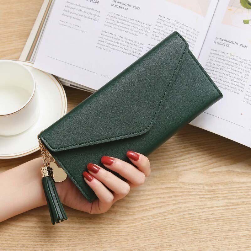 Herald Women Long Wallet with Tassel Leather Cluths Multi-function Ladies' Card Holder Female Coin Purse Wallet: Green 2