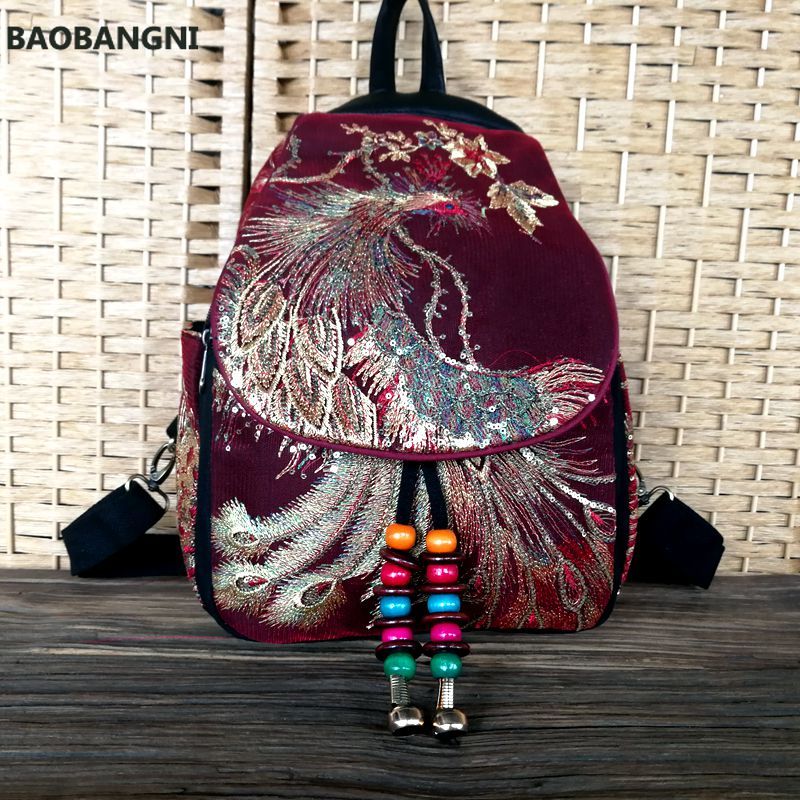 Retro Phoenix Geborduurde Rugzak Pailletten Canvas Tribal Etnische Geborduurde Bloemen Rugzakken Nationale Vrouwen Back Pack Bag