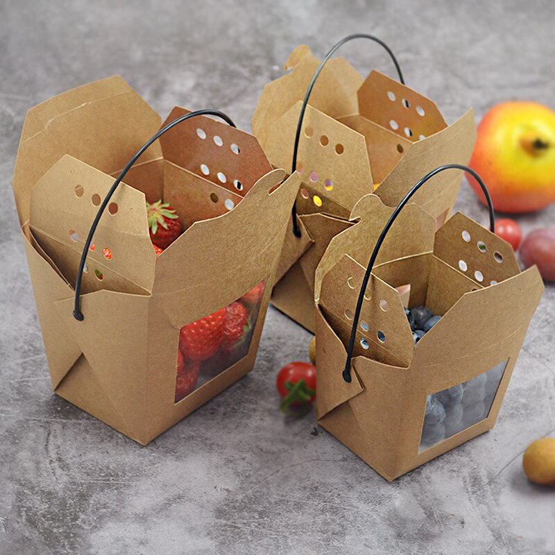 Fiambrera de papel kraft portátil, recipiente transparente para fruta, ensalada, macarrones, 450ml/728ml/900ml/1260ml