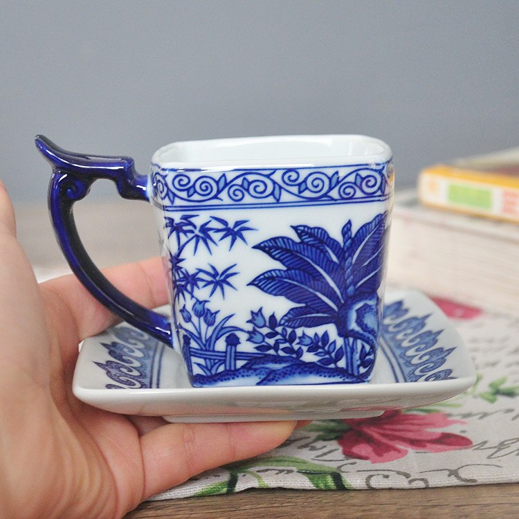 Vajilla de cerámica Jingdezhen, taza de leche europea, té, porcelana azul y blanca, taza de café y plato: B