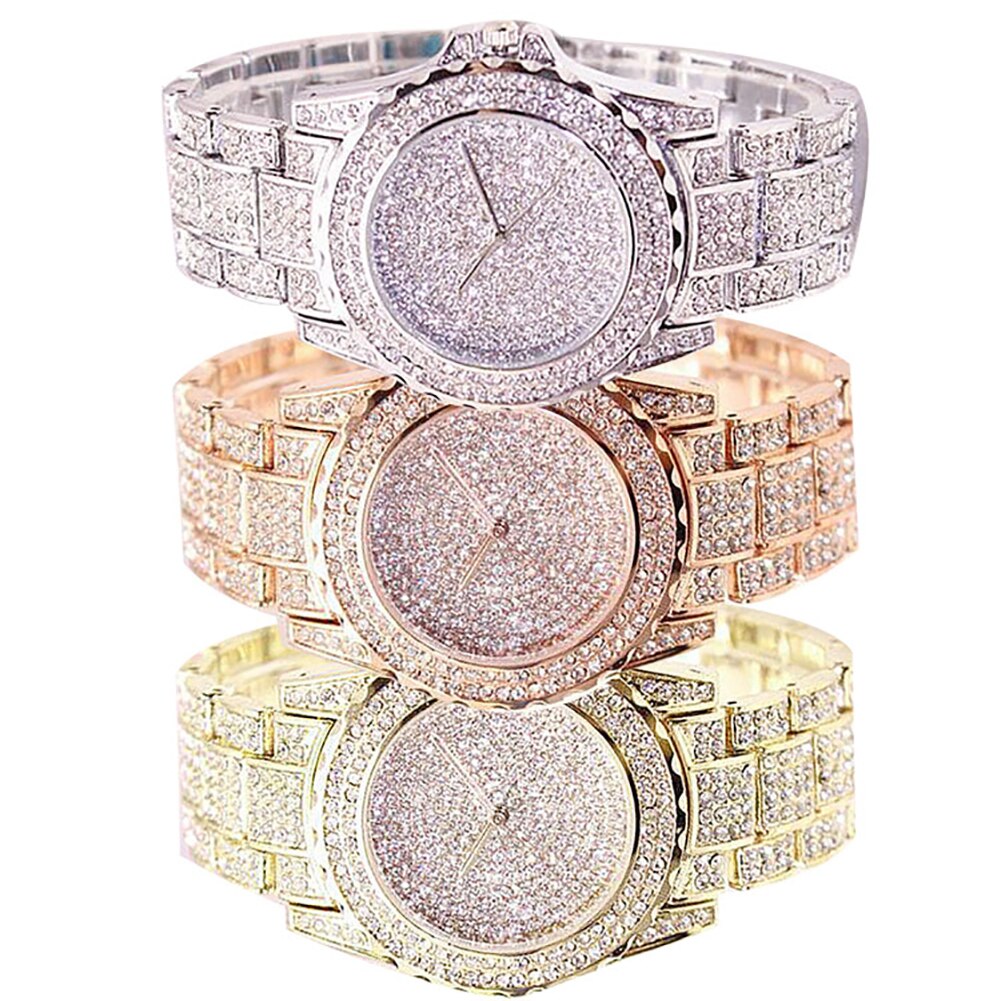 Luxe dameshorloge met volledig glanzend strass rond quartz uurwerk, armband met glanzend goudkleurig zilver, kersthorloges