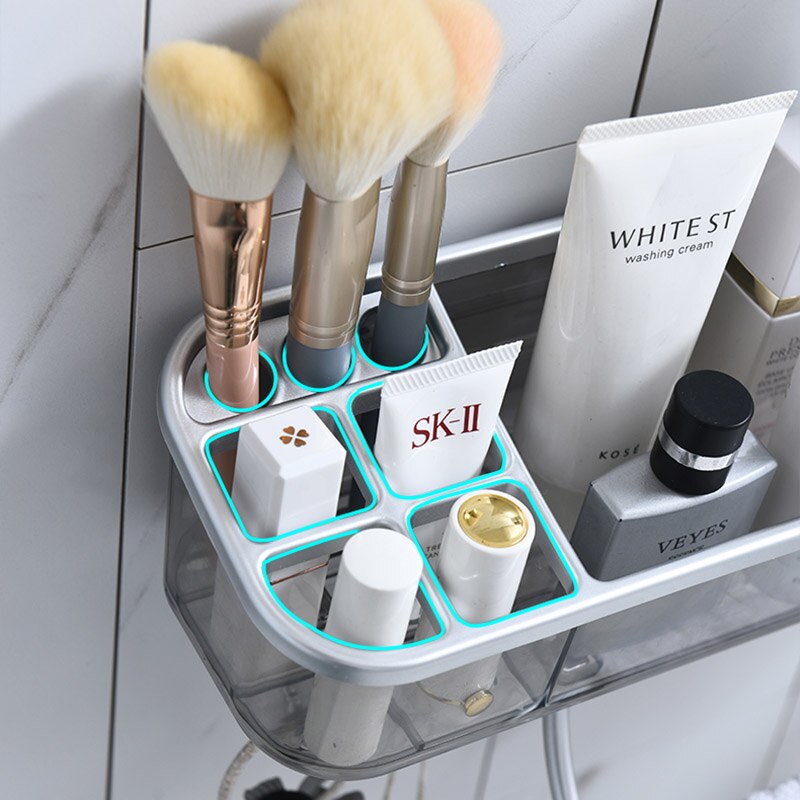 ONEUP Drainable Bathroom Shelf Cosmetic Towel Storage Rack With Hooks Wall Shower Corner Shelf Organizer Bathroom Accessories