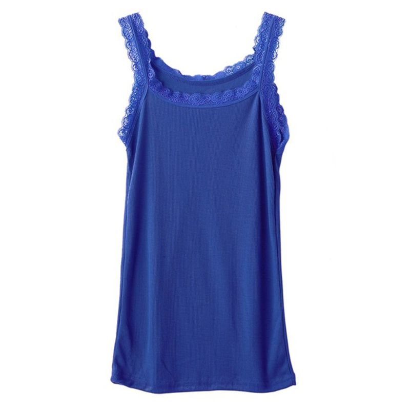 Vrouwen Zomer Mouwloze Tank Solid Candy Kleur Basic Hemdje Bloemen Kant Trim Geribbelde Gebreide Casual Ondergoed Slanke Vest: Royal Blue