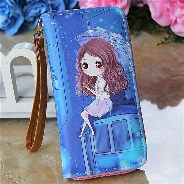 Lovely Women Girl Long Cartoon Raffiti Wallet Bag with Strap Card Holder Coin Purse Change Wallet Zip PU Leather Letter Handbags: 12