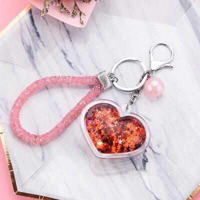 Novo estilo criativo acrílico coração chaveiro móvel sequin pacote de areia movediça acessórios automóvel pendurado ornamento: Red