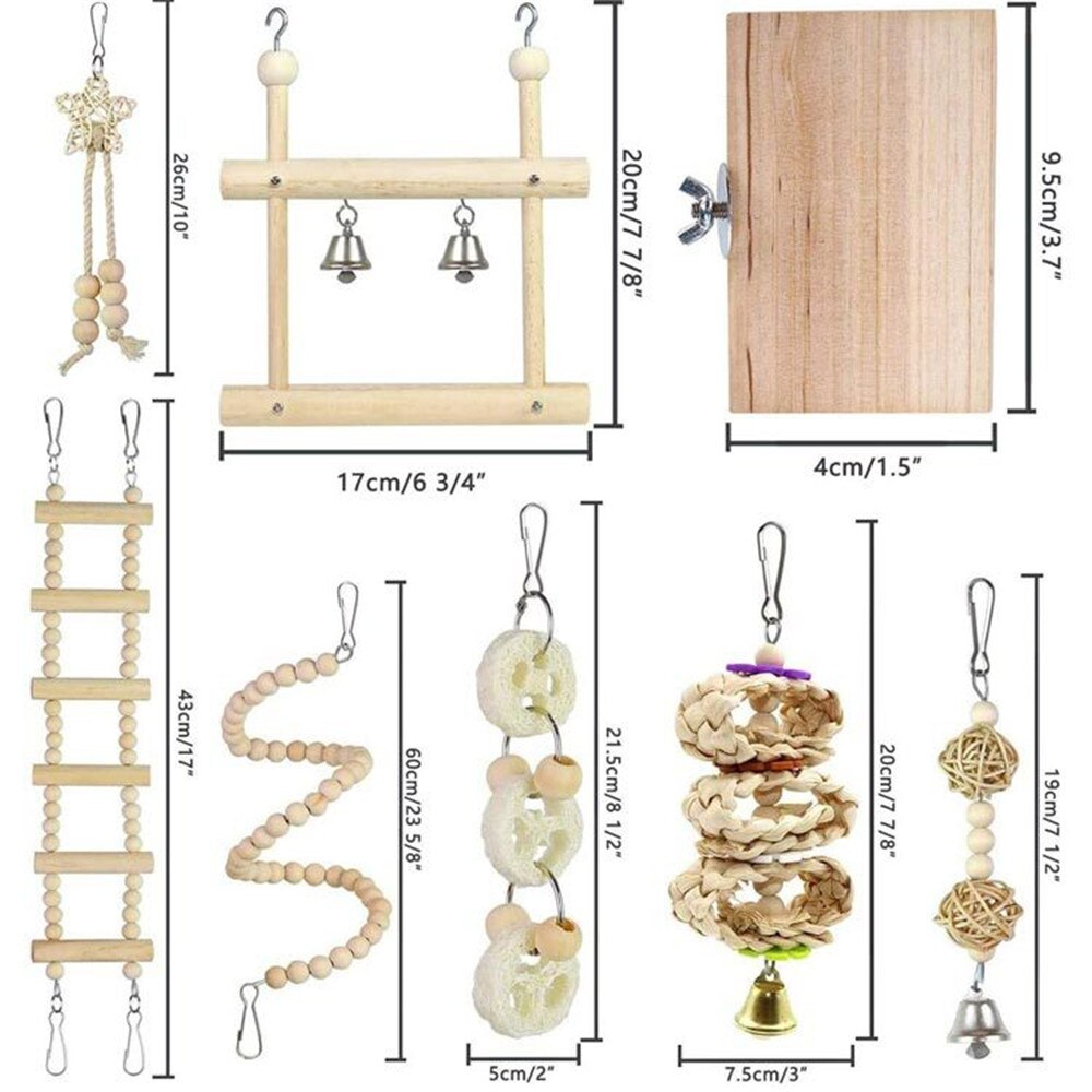 8 stuks vogelspeelgoed voor papegaaien, vogelschommel, kauwbaar hangende zitstokken, vogelkooi, grasparkiet, speelgoed, ara's, parkieten, hangmat, bel, speelgoed