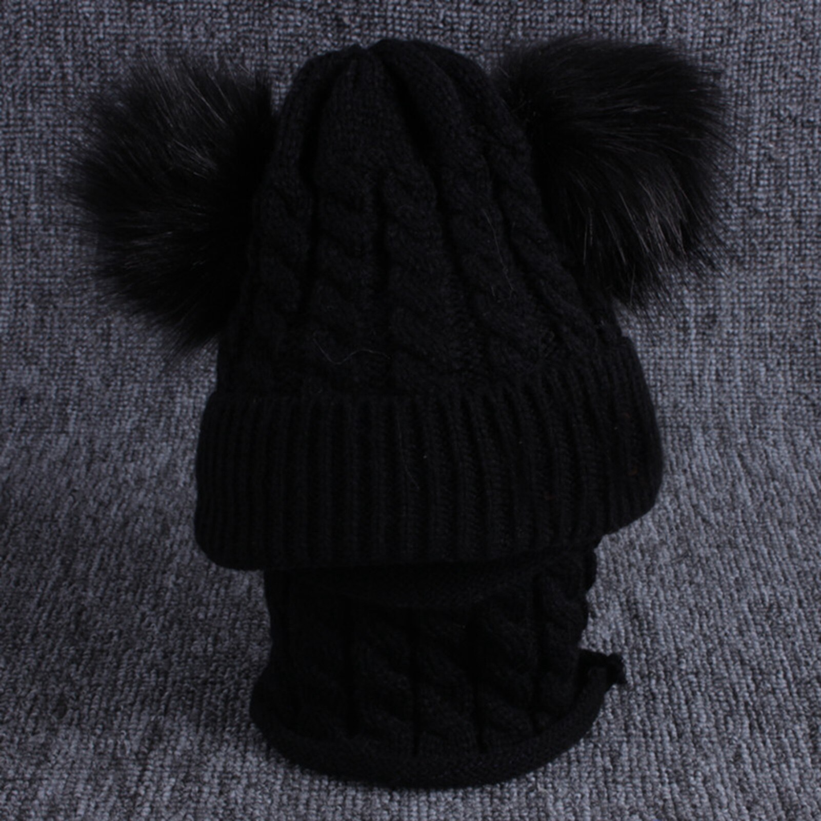 Gorros de invierno para niños, orejas para niñas, niños, gorros cálidos, gorros de invierno para bebés, gorro trenzado de doble Pompón, gorro de punto, conjunto de bufanda de cuello cálido