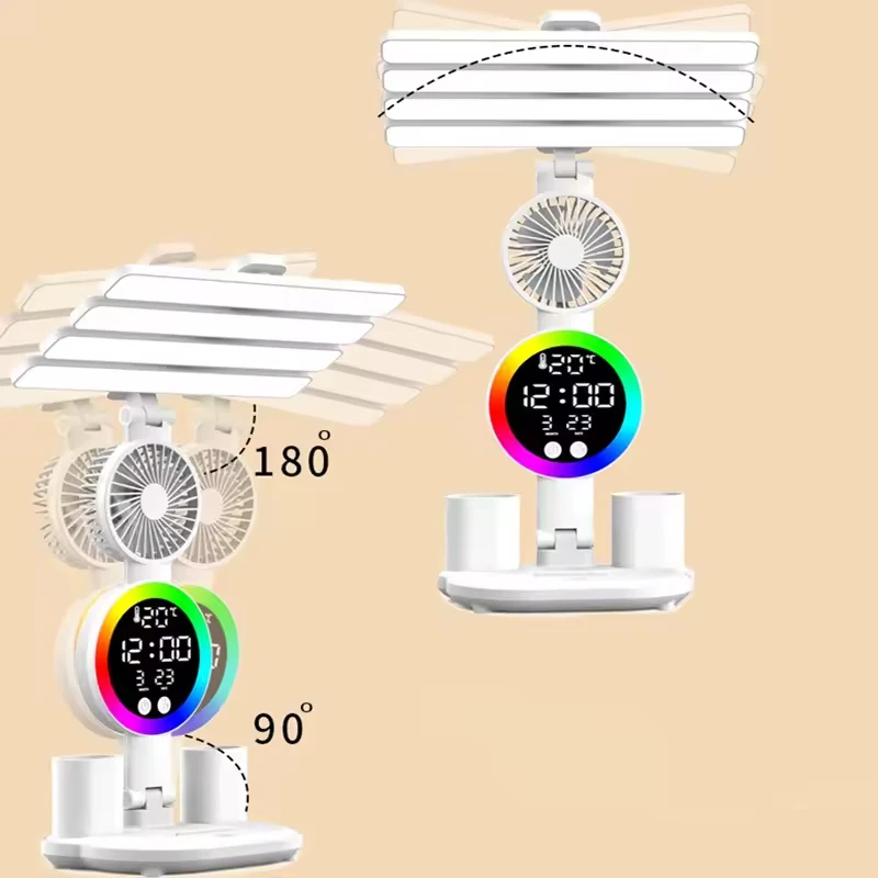 Multifunktionale LED-tischleuchte mit vier leuchten, faltbar, mit Ventilator, kalender und uhr, usb-aufladbar, schreibtischlampe, leselampe und nachtlicht