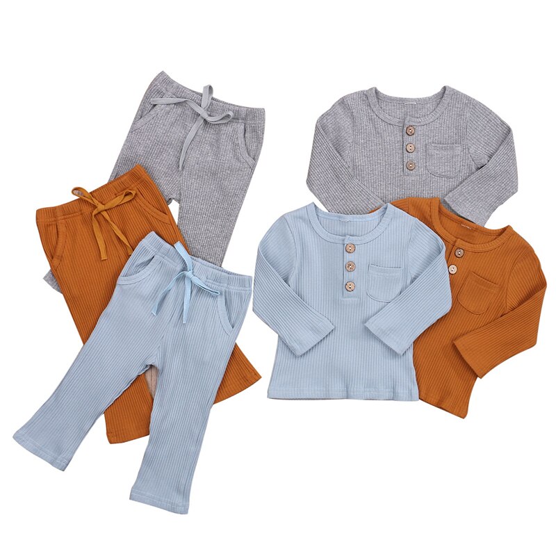 0-5Y Casual Toddler Baby Boy Girl Autumn Clothes Solid Color Pocket Long Sleeve Top T-shirt Long Pants Knited Kids 2pcs