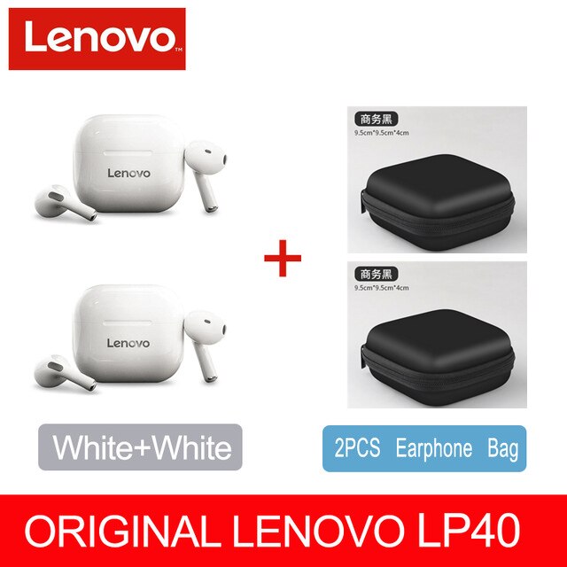 Original Lenovo LP40 TWS Wireless Earphone Bluetooth 5.0 Dual Stereo Noise Reduction Bass Touch Control Long Standby 300mAH: LP40 2white 2case