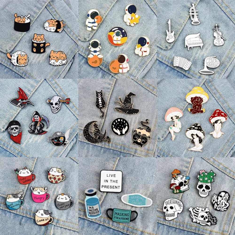 Ensemble de broches de dessin animé, 4-6 pièces, sorcière, chat, crâne gothique, épingle à revers, plante d'astronaute, Animal, Instrument de musique, Badge, sac, bijoux,