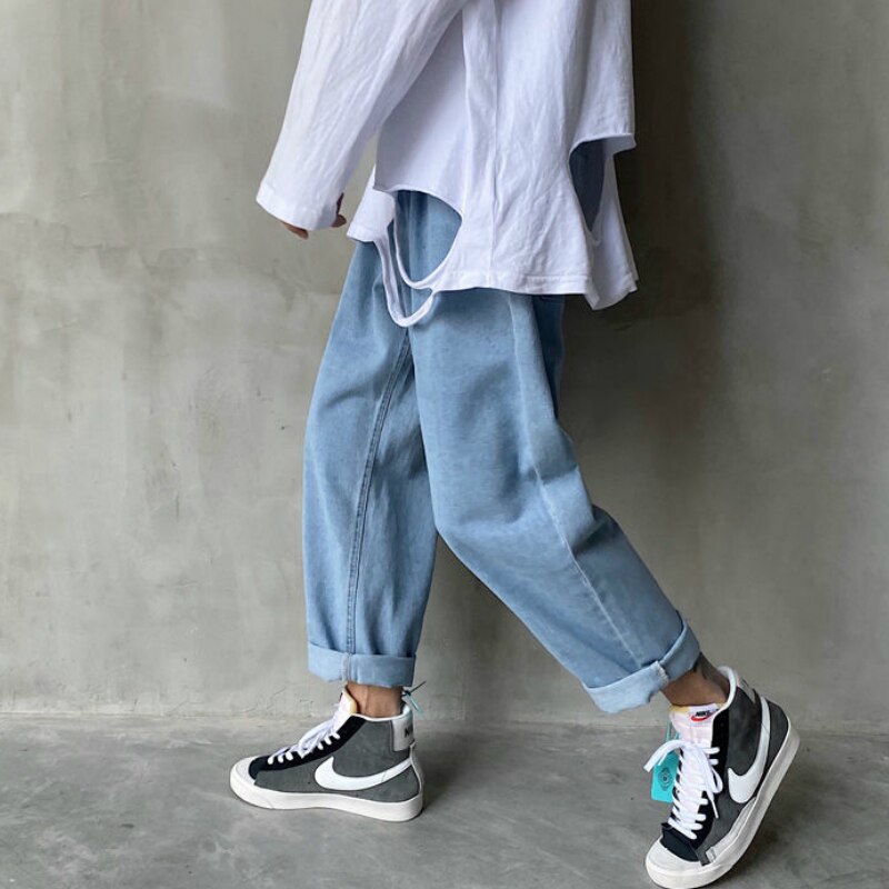 Jeans mænd solid snøre fritid ankellang fritid chic herre plus size lige denimbukser matchende streetwear ulzzang