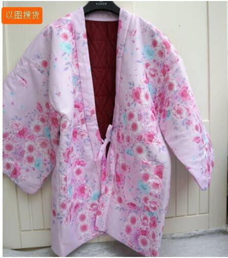 Kimono abrigado japonés de Invierno para mujer, abrigo Haori acolchado de algodón grueso, ropa de abrigo holgada con estampado Floral W035: 3