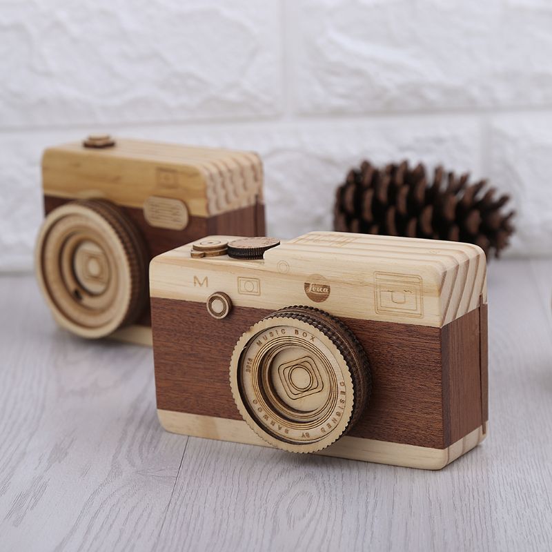 Wooden Music Box Retro Camera Classical Melody Birthday Home Decoration