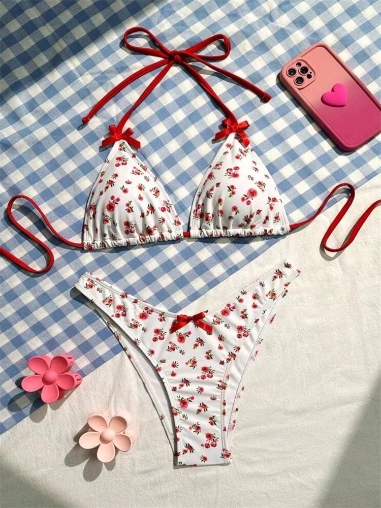 Conjunto de Bikinis triangulares para Mujer, traje de baño Bandage con estampado Floral, traje de baño Sexy con cuello Halter, tangas para Mujer, ropa de playa 2025: S