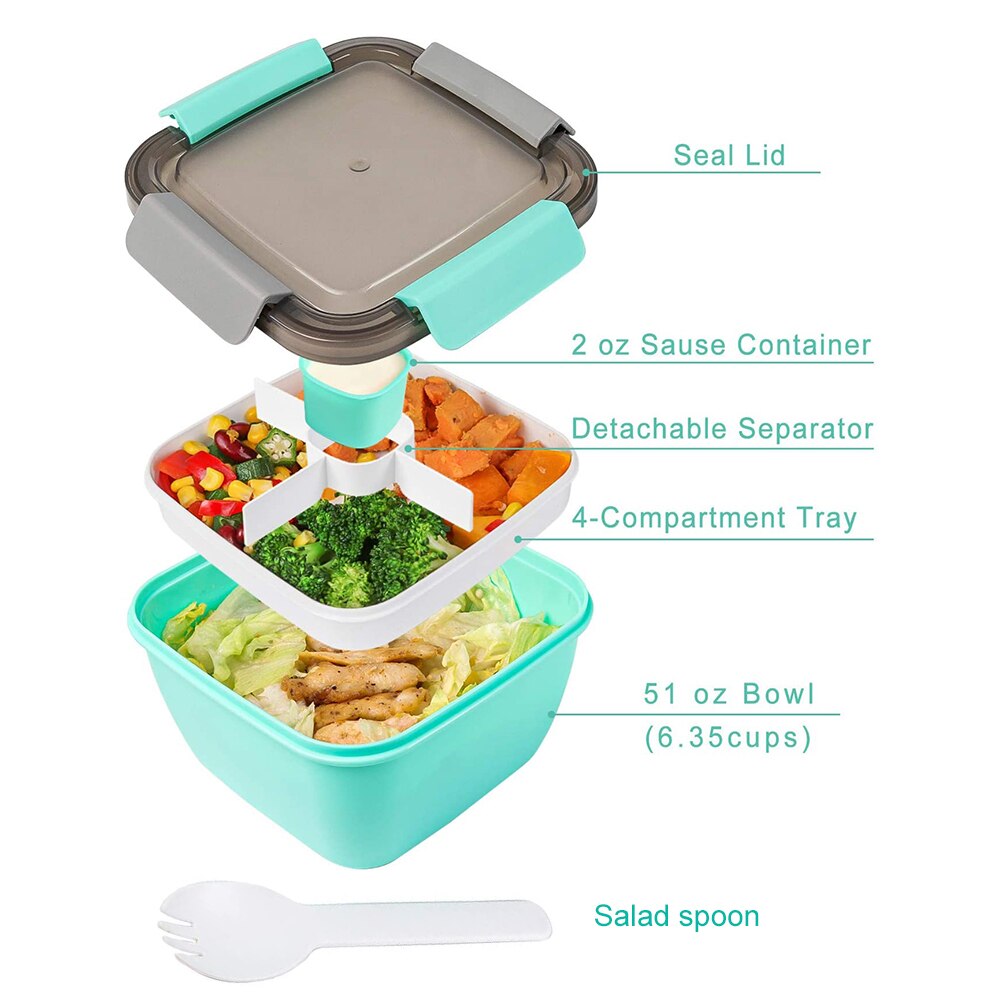 Salad Lunch Container Large Salad Bowl With Removable 4-Compartment Bento-Style Tray And Sauce Container #20