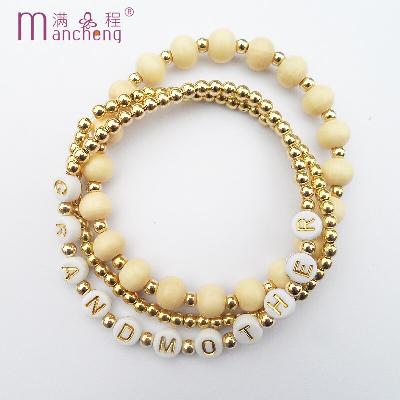 Natural Round Wooden Beads Bracelet Charm Letter ID stand " Grandmother ” Bracelets Rope chain Female Adult woman Jewelry